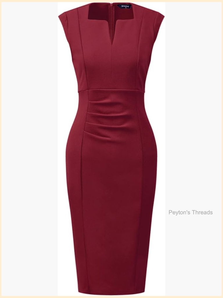 Sleeveless V-Neck Sheath Dress Ruched Front Bodycon Pencil Work Dress